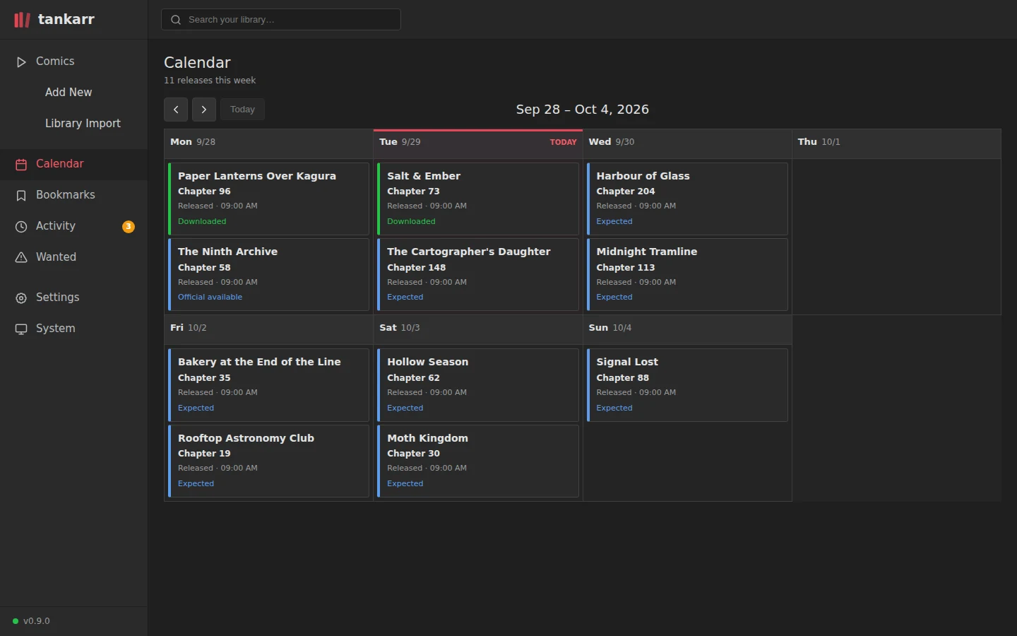 The Calendar week view with released, available and expected chapters