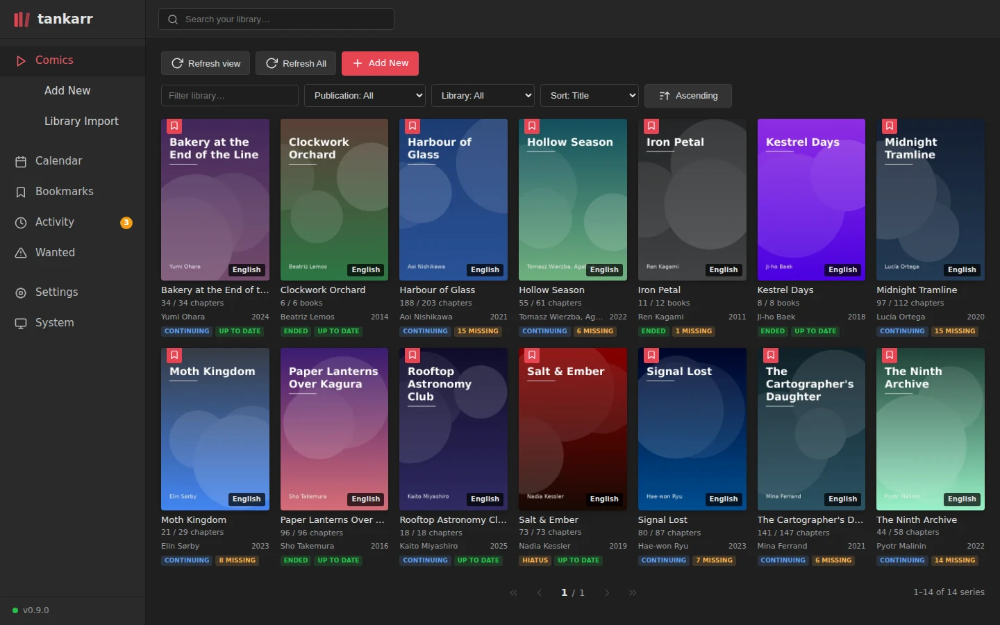 The Tankarr Library: series covers with chapter counts and status