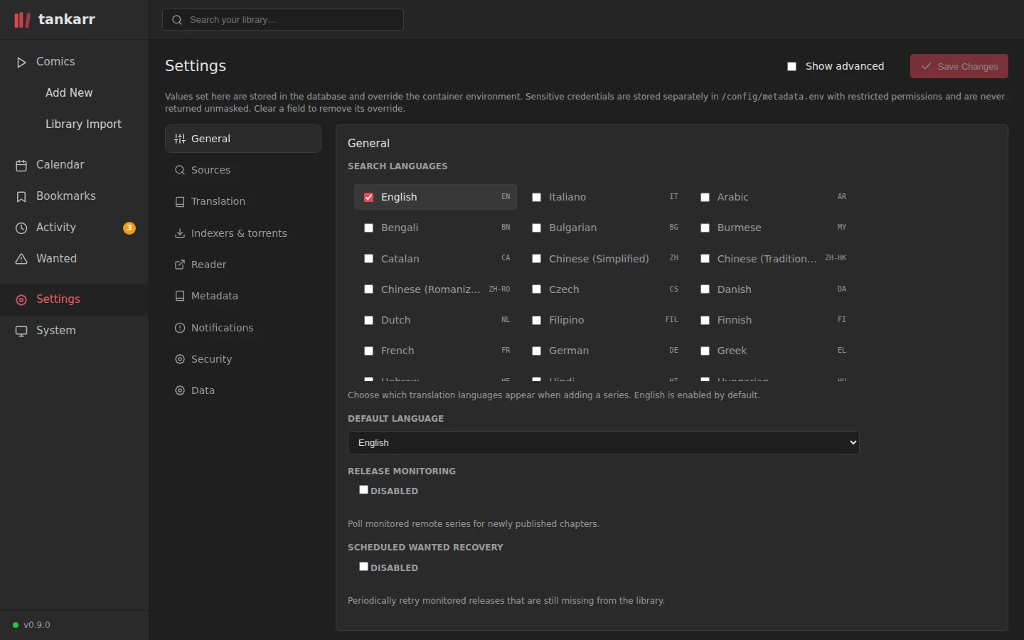 The Settings page with its sections