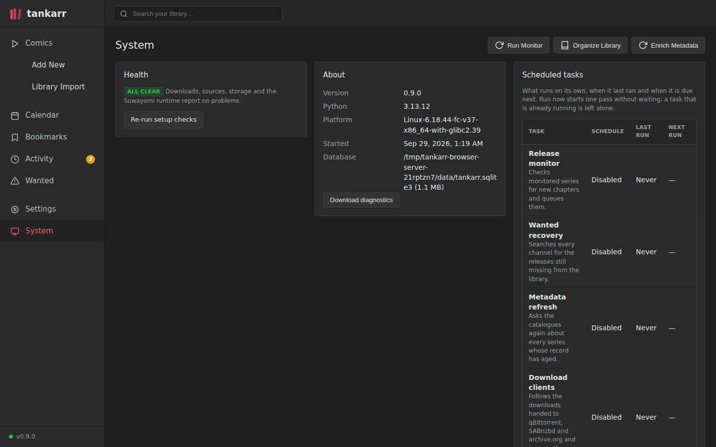 The System page with health, about and scheduled tasks