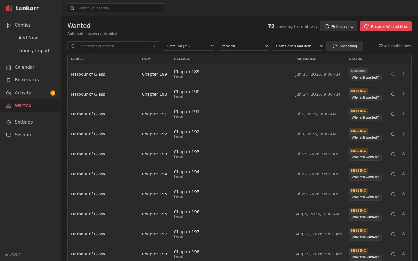 The Wanted list with missing and queued chapters